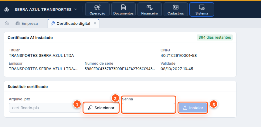 Certificado instalado e área para substituir