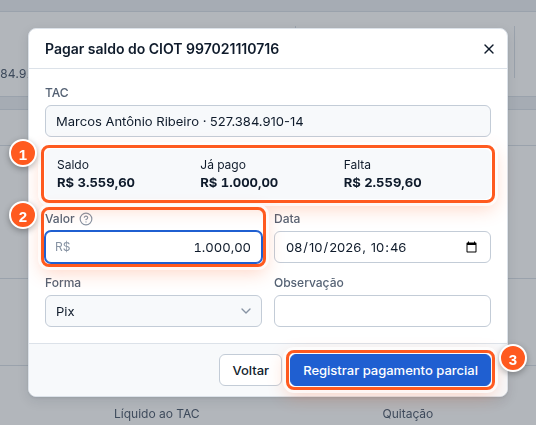 Janela de pagamento do saldo com pagamento parcial
