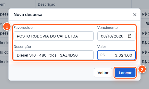 Janela Nova despesa preenchida