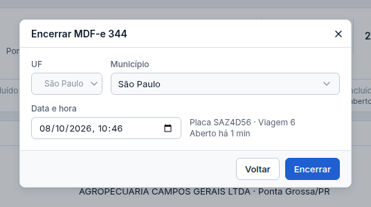 Janela de encerramento do MDF-e