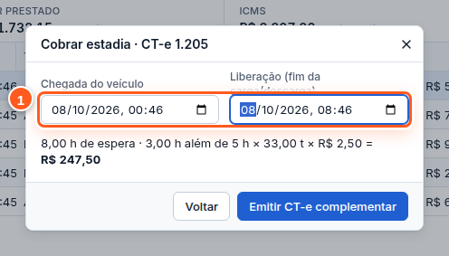 Janela Cobrar estadia com o cálculo