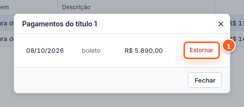 Lista de pagamentos do título com o botão Estornar