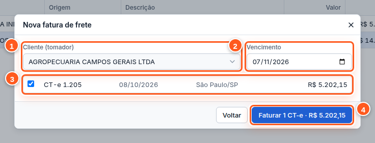 Janela Nova fatura de frete