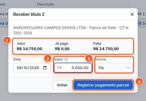 Janela de recebimento com valor parcial
