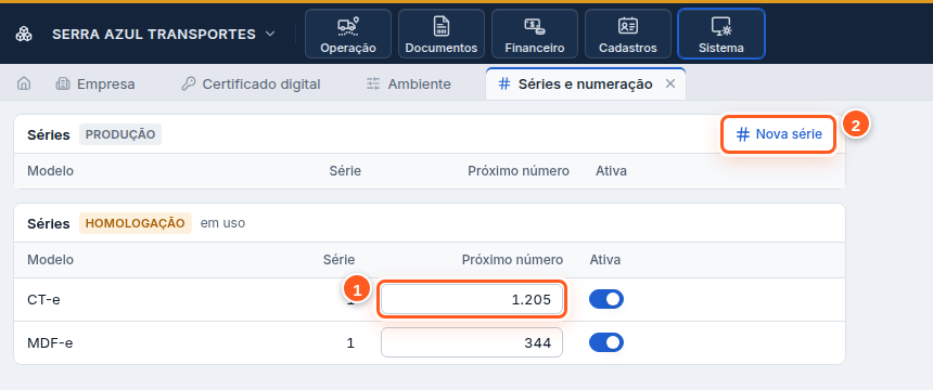 Séries de CT-e e MDF-e